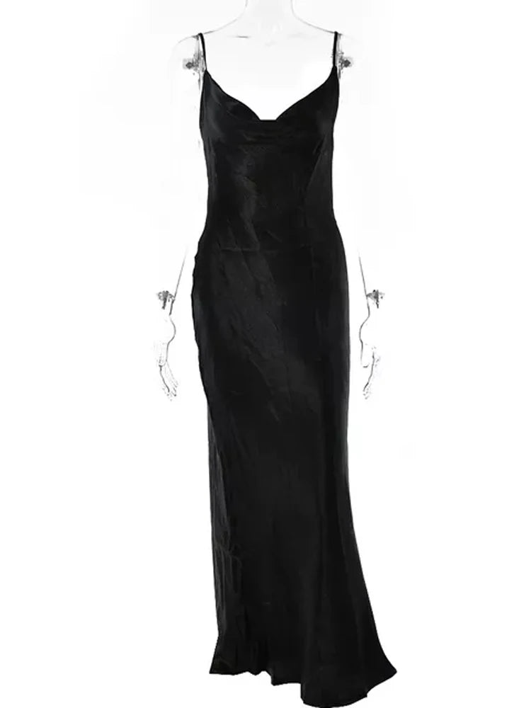 Sexy Spaghetti Strap Backless Summer Dress Women Satin Lace Up Trumpet Long Dress Elegant Bodycon Party Dresses