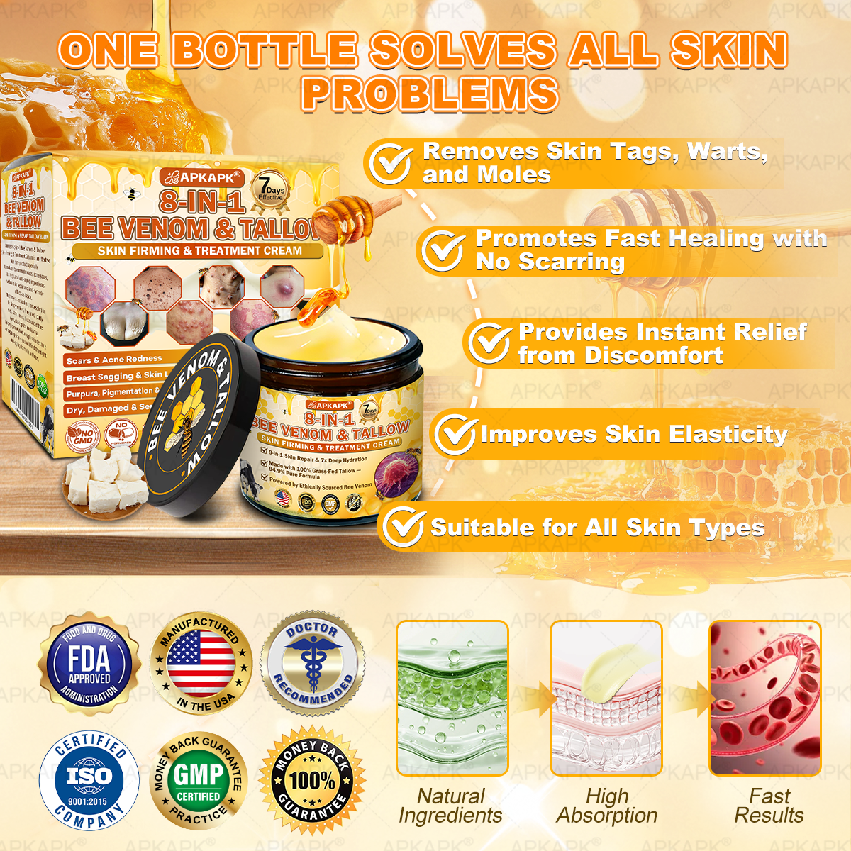 US Official Store | 𝐀𝐏𝐊𝐀𝐏𝐊® 𝟖-𝐈𝐧-𝟏 𝐁𝐞𝐞 𝐕𝐞𝐧𝐨𝐦 & 𝐓𝐚𝐥𝐥𝐨𝐰 𝐒𝐤𝐢𝐧 𝐅𝐢𝐫𝐦𝐢𝐧𝐠 & 𝐓𝐫𝐞𝐚𝐭𝐦𝐞𝐧𝐭 𝐂𝐫𝐞𝐚𝐦 (Effective Within 7 Days)Bee Venom + Tallow · 7X Deep Hydration, targets wrinkles, sagging, stretch marks, dark spots, purpura, inflammations and more